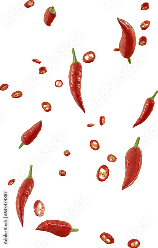 3d render falling red chilli slices photo