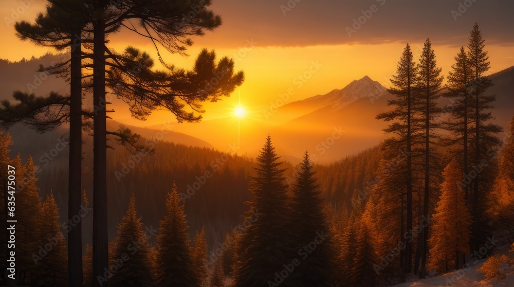 The sun setting over pine trees on the mountain, in the style of the snapshot aesthetic.