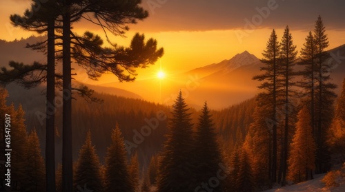 The sun setting over pine trees on the mountain  in the style of the snapshot aesthetic.