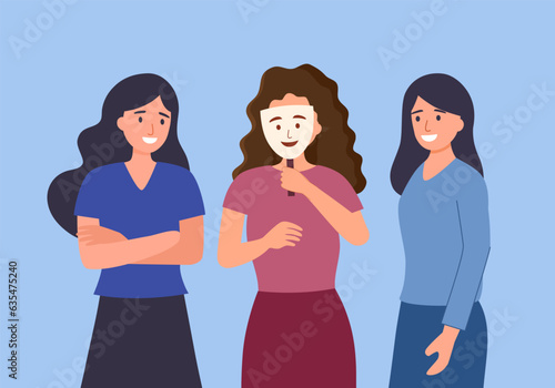 Woman putting on social face mask with fake positive emotion to hide real feelings behind it. Frightened person disguising anxiety.