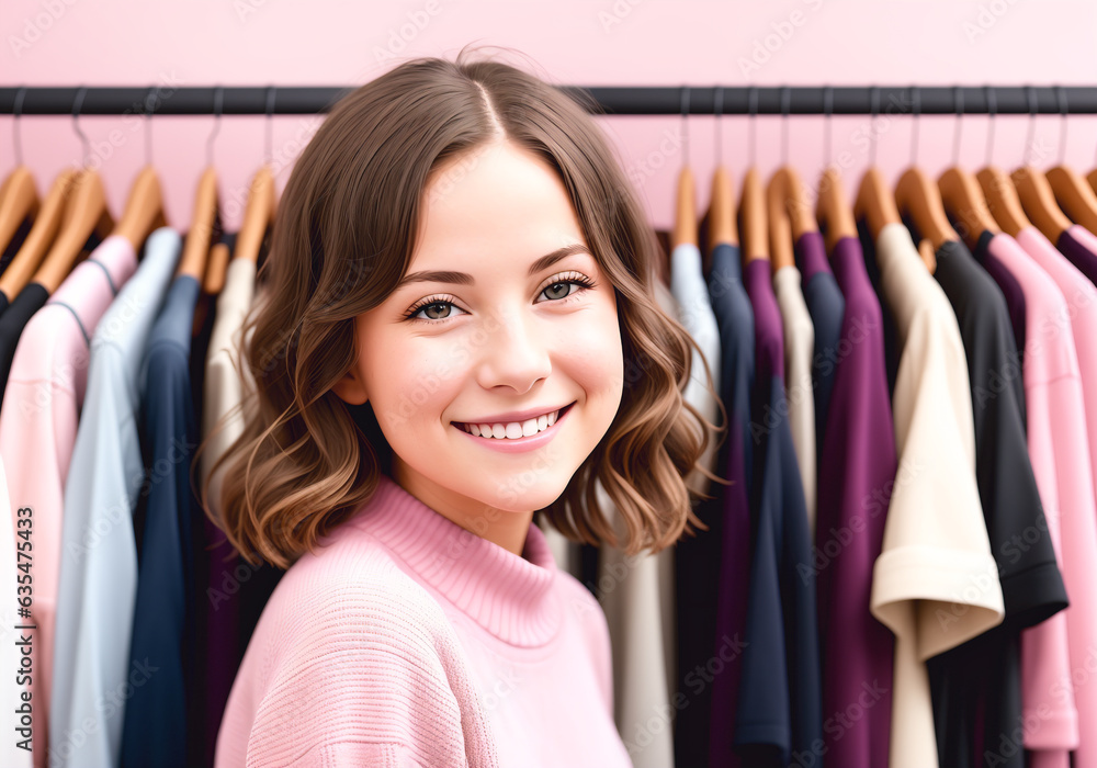 A beautiful young woman in a pink sweater near the rack with hangers in the wardrobe. Generative AI. A beautiful young woman in a pink sweater near the rack with hangers in the wardrobe. Generative AI.