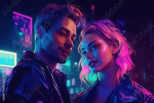 Beautiful couple in pink and purple neon rays