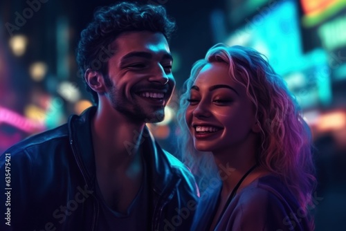 Handsome guy and girl laughing on the street of the night city © foto.katarinka