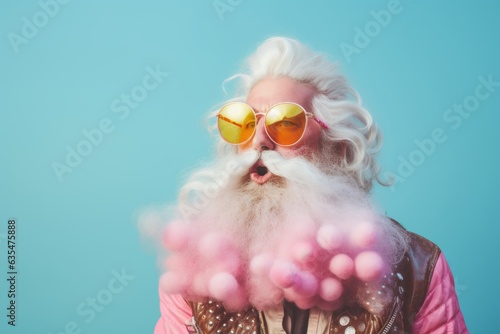 Casual Senior man model wearing hippie punk style beard fashionable trendy clothes. Creative summer holiday concept on bright blue background. photo