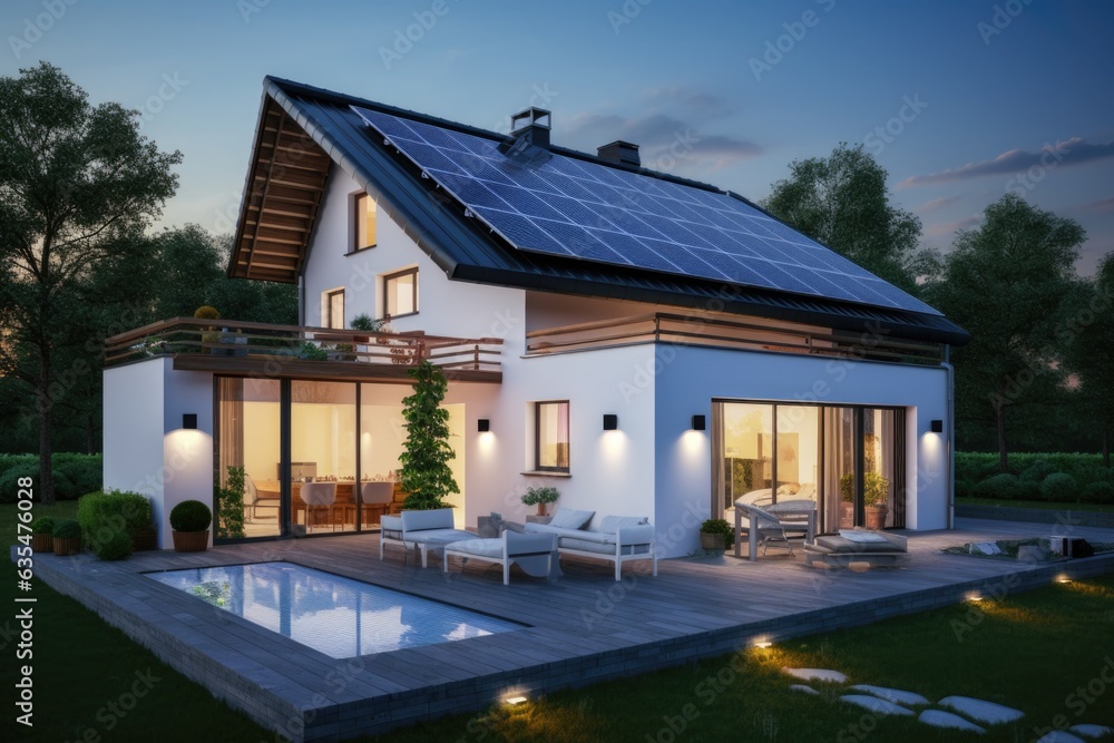 View of New luxury home with pool and Solar panel on modern roof. Economical ...