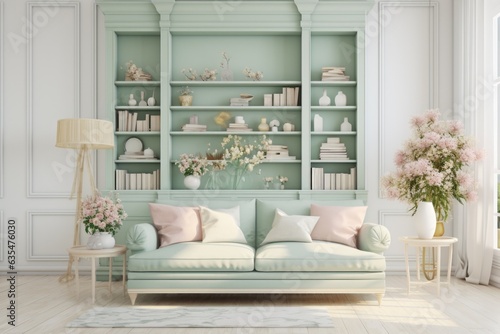 New interior design for an amazing living room in a shabby chic style  pastel green and cream and white  stylish  mellow  minimal high resolution. Sofa  table  lamp   big windows 