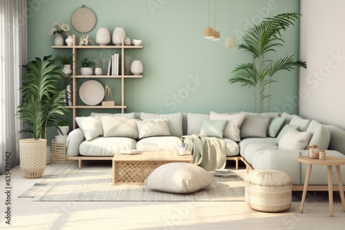 New interior design for an amazing living room in a shabby chic style, pastel green and cream and white, stylish, mellow, minimal high resolution. Sofa, table, lamp , big windows 