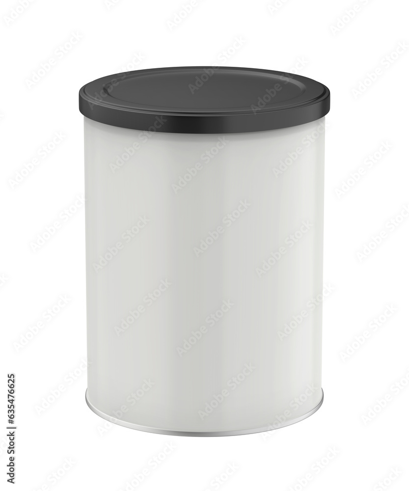 White metal can with black plastic lid on transparent background White metal can with black plastic lid on transparent background