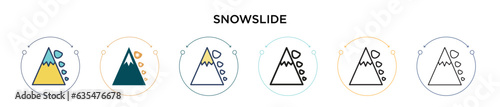 Snowslide icon in filled, thin line, outline and stroke style. Vector illustration of two colored and black snowslide vector icons designs can be used for mobile, ui, web