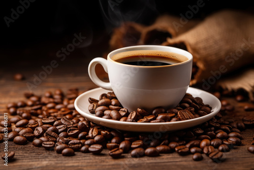 Steaming Hot White Cup of Coffee on Wood Table Surrounded by Coffee Beans with Space for Text Generative AI © illuminating images