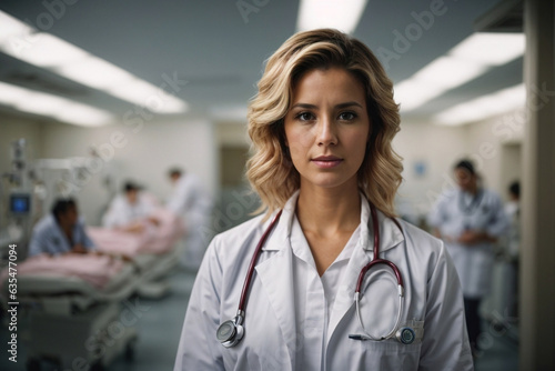 American female doctor, hospital backdrop. Professional portrait.