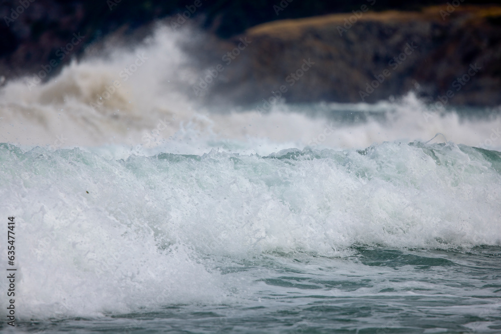 Abstract landscape with sea waves at the shore on a windy day.