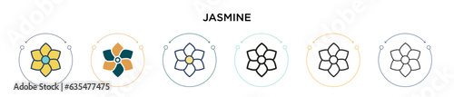 Jasmine icon in filled, thin line, outline and stroke style. Vector illustration of two colored and black jasmine vector icons designs can be used for mobile, ui, web