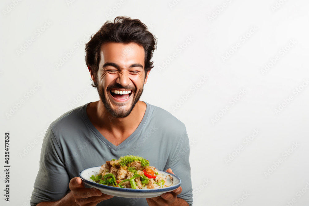 Satisfying Bites: Cheerful Man Smiles while Savoring Dish Satisfying Bites: Cheerful Man Smiles while Savoring Dish