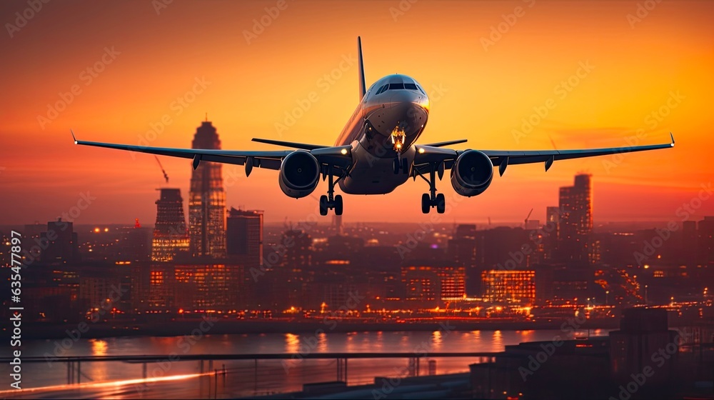 Flying into the Sunset: View of Cityscape from Airplane Window at Twilight - Business Travel, Jet Plane, Flight & Bokeh Blurred Lights: Generative AI