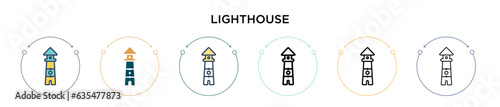 Lighthouse icon in filled, thin line, outline and stroke style. Vector illustration of two colored and black lighthouse vector icons designs can be used for mobile, ui, web