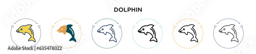Dolphin icon in filled, thin line, outline and stroke style. Vector illustration of two colored and black dolphin vector icons designs can be used for mobile, ui, web