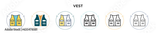 Vest icon in filled, thin line, outline and stroke style. Vector illustration of two colored and black vest vector icons designs can be used for mobile, ui, web
