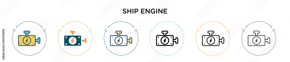 Ship engine icon in filled, thin line, outline and stroke style. Vector illustration of two colored and black ship engine vector icons designs can be used for mobile, ui, web