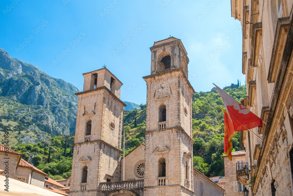 Cathedral of Saint Tryphon in Kotor, Montenegro on Adriatic sea in sunny day. Popular summer vacation destination