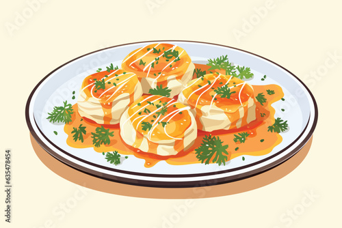 seared scallops with sauce and petals on plate isolated illustration