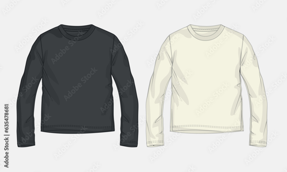 Long sleeve t shirt tops technical drawing fashion flat sketch vector illustration black and off white color template for ladies. Long sleeve t shirt tops technical drawing fashion flat sketch vector illustration black and off white color template for ladies.