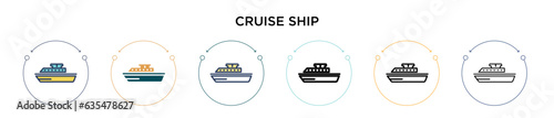 Cruise ship icon in filled, thin line, outline and stroke style. Vector illustration of two colored and black cruise ship vector icons designs can be used for mobile, ui, web