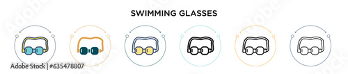 Swimming glasses icon in filled, thin line, outline and stroke style. Vector illustration of two colored and black swimming glasses vector icons designs can be used for mobile, ui, web