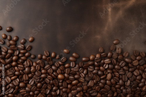 Scattered Coffee Beans on Dark Brown Background Generative AI