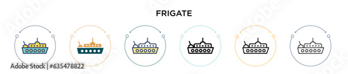 Frigate icon in filled, thin line, outline and stroke style. Vector illustration of two colored and black frigate vector icons designs can be used for mobile, ui, web