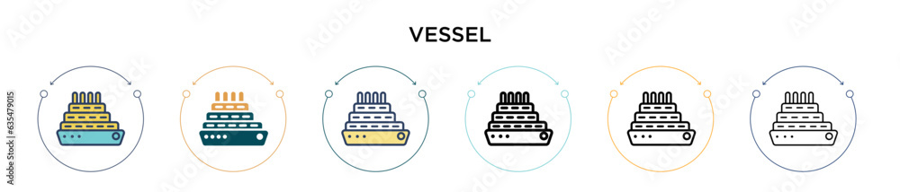 Vessel icon in filled, thin line, outline and stroke style. Vector illustration of two colored and black vessel vector icons designs can be used for mobile, ui, web