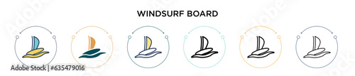 Windsurf board icon in filled, thin line, outline and stroke style. Vector illustration of two colored and black windsurf board vector icons designs can be used for mobile, ui, web