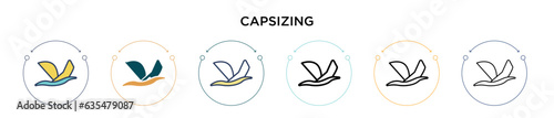 Capsizing icon in filled, thin line, outline and stroke style. Vector illustration of two colored and black capsizing vector icons designs can be used for mobile, ui, web