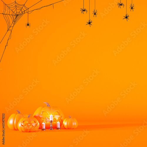 Halloween concept orange background with pumpkin lanterns and candles 3d render with copy space.
