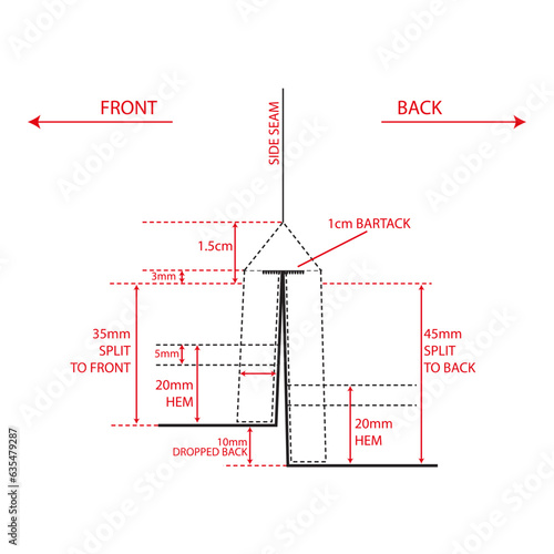 Polo shirt Bottom hem side cut measurement details vector illustration