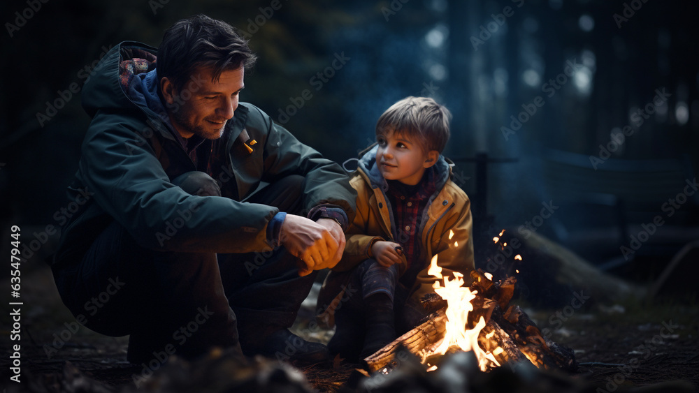 Happy time of father and son enjoying campfire - obrazy, fototapety, plakaty 
