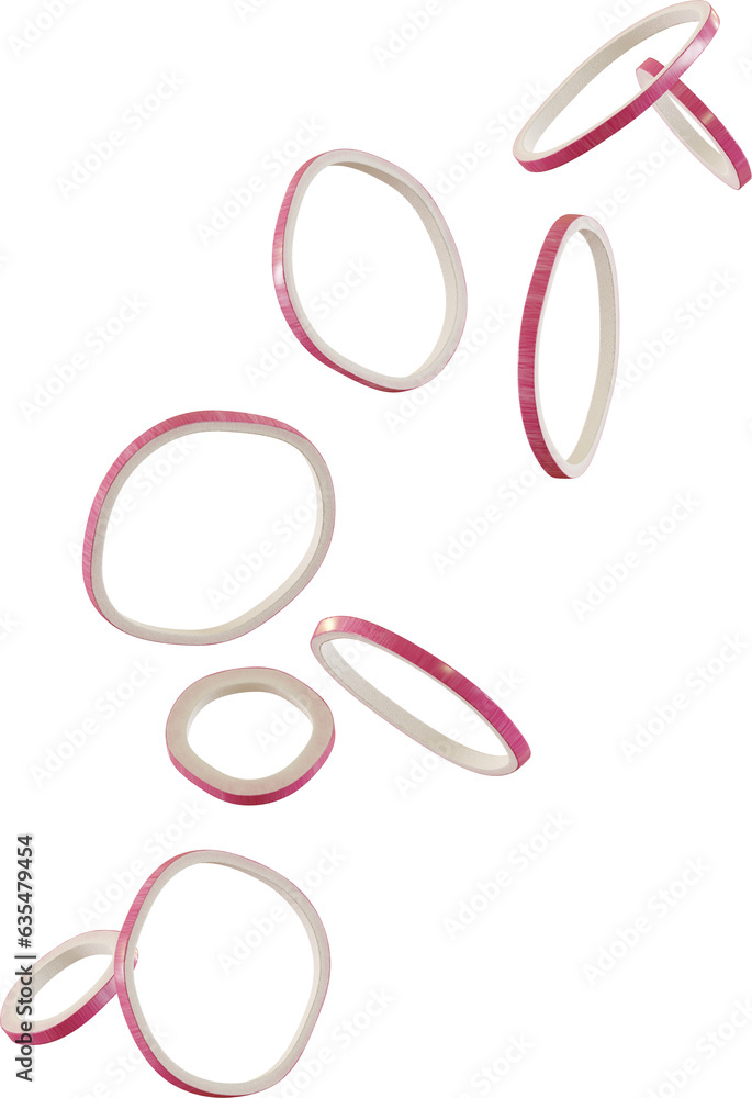 3d render falling red onion ring slices 3d render falling red onion ring slices
