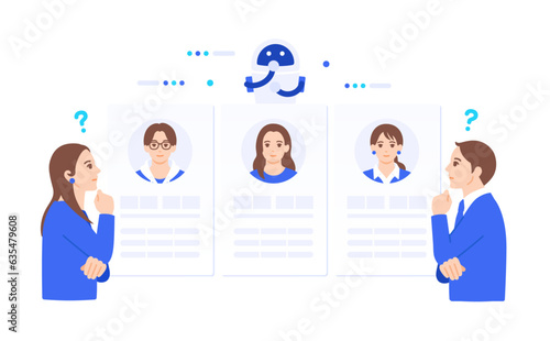 選考に悩むビジネスパーソン。AIのデータを使い顧客を比較するイメージのイラスト素材。