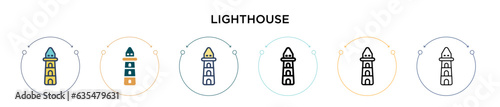 Lighthouse icon in filled, thin line, outline and stroke style. Vector illustration of two colored and black lighthouse vector icons designs can be used for mobile, ui, web