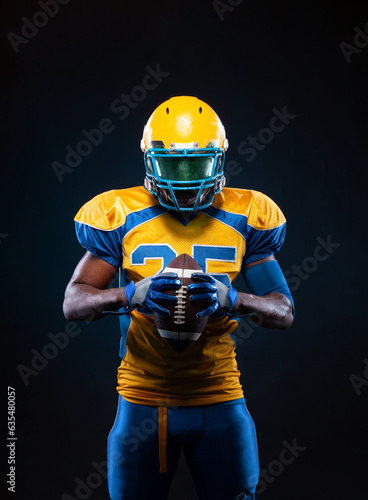 American football player banner on black background. Template for bookmaker ads with copy space. Mockup for betting advertisement. Sports betting, football betting, gambling, bookmaker, big win