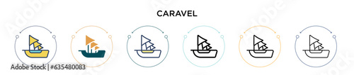 Caravel icon in filled, thin line, outline and stroke style. Vector illustration of two colored and black caravel vector icons designs can be used for mobile, ui, web