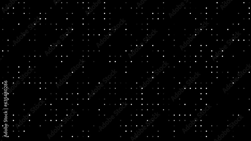 simple white colored random circle dots generating particle animation on black bg. Geometric shape overlay background. Random waving animation of dots shape