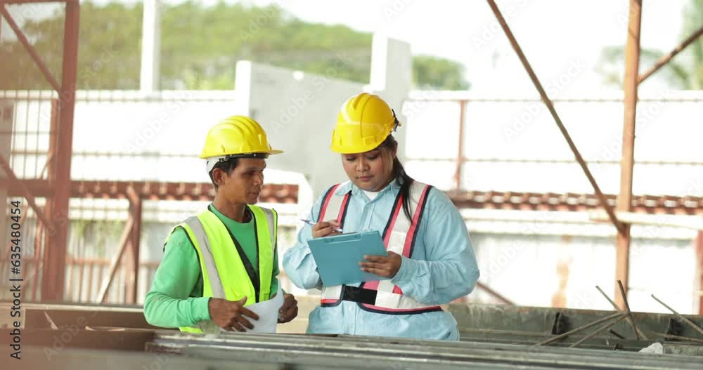Specialists engineering female and construction asian man worker working at Prefabricated concrete walls factory. Safety hard hat helmet Specialists engineering female and construction asian man worker working at Prefabricated concrete walls factory. Safety hard hat helmet