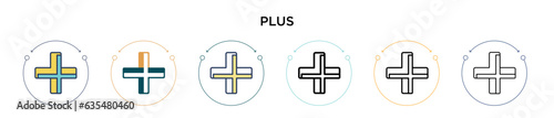 Plus icon in filled, thin line, outline and stroke style. Vector illustration of two colored and black plus vector icons designs can be used for mobile, ui, web