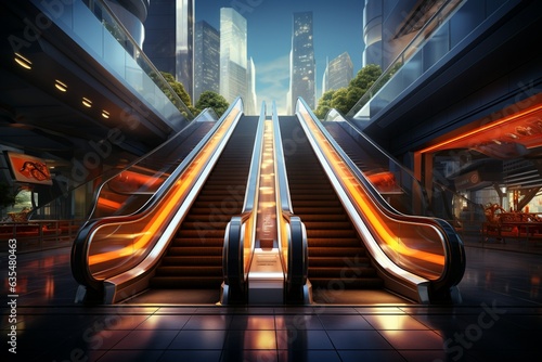 Metro-bound, Modern buildings escalator provides pathway to bustling subway station entrance Generative AI