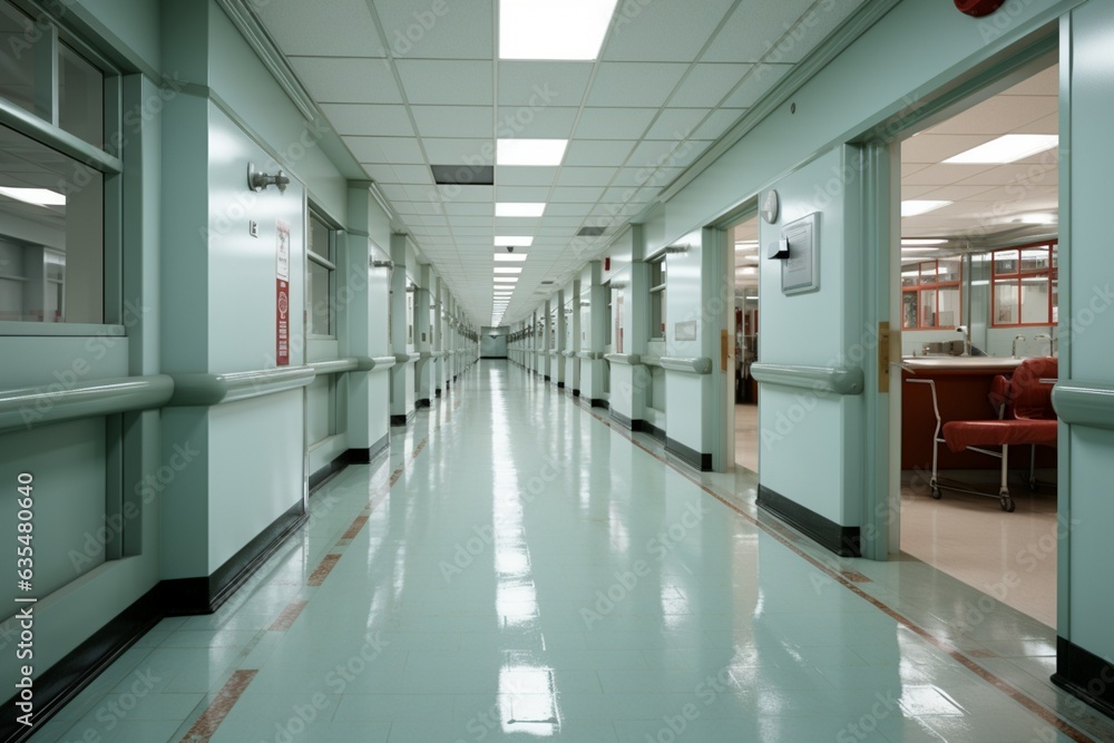 Softened backdrop, Hospital corridors focus gently blurs into serene visual harmony Generative AI