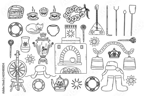 Set of Russian village elements. Ancient Russian culture. Stove and samovar, yoke and spinning wheel, tea set and earthenware. Black and white vector isolated illustration hand drawn doodle