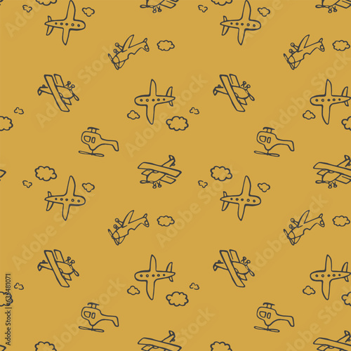 Seamless pattern with hand drawing cartoon helicopter airplane and others. Design for use backdrop, wrapping paper all over fabric print and others