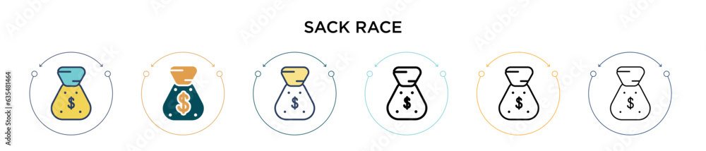Sack race icon in filled, thin line, outline and stroke style. Vector illustration of two colored and black sack race vector icons designs can be used for mobile, ui, web