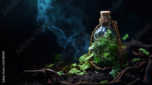 Plant in a bottle on black background (Generative AI)